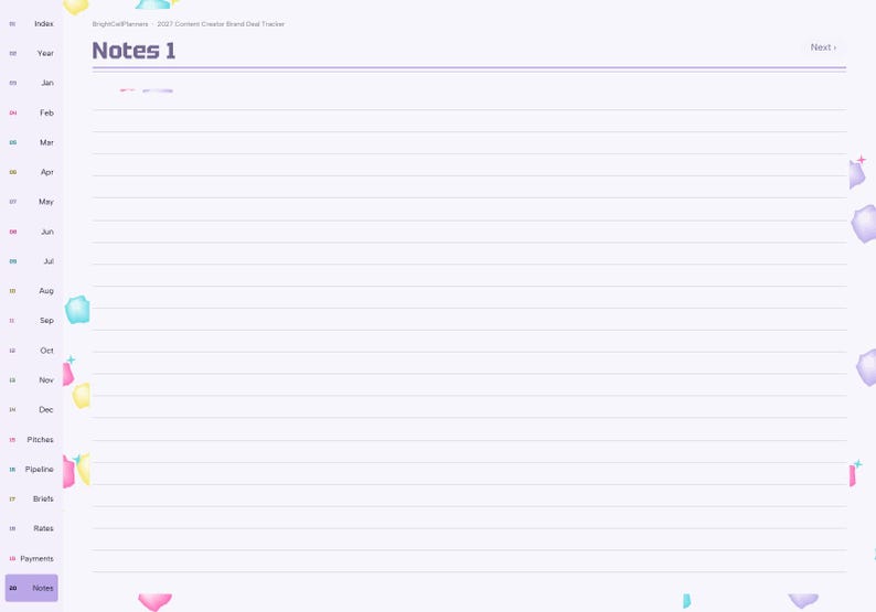 May include: A digital planner page titled Notes 1 with a light purple background and horizontal lines. The left sidebar lists months from Jan to Dec, plus sections for Pitches, Pipeline, Briefs, Rates, Payments, and Notes, decorated with small pastel icons.