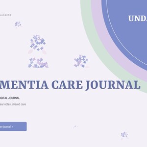 May include: A digital Dementia Care Journal with a light purple background, featuring small purple flower illustrations, the text "BRIGHTCELLPLANNERS", "UNDATED", "DEMENTIA CARE JOURNAL", "Gentle days, clear notes, shared care", and a button labeled "Open journal".