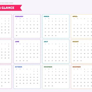 Op de afbeelding: Een digitale plannerpagina voor 2027 met de titel 2027 AT A GLANCE, met twaalf maandelijkse kalenderroosters met gekleurde stippellijnen. Een verticale navigatiebalk aan de rechterkant bevat secties zoals Index, Year, Channel, Ideas, Script, Filming en Analytics.
