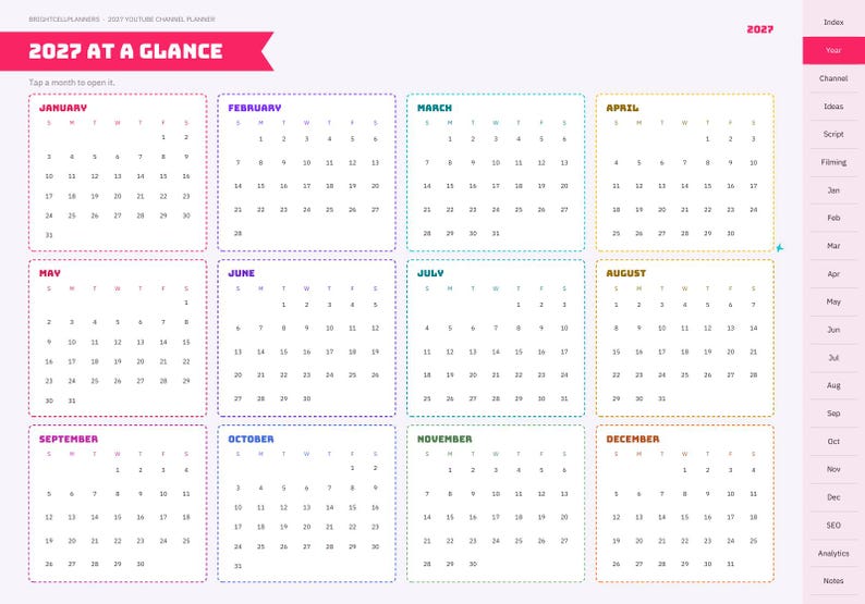 Op de afbeelding: Een digitale plannerpagina voor 2027 met de titel 2027 AT A GLANCE, met twaalf maandelijkse kalenderroosters met gekleurde stippellijnen. Een verticale navigatiebalk aan de rechterkant bevat secties zoals Index, Year, Channel, Ideas, Script, Filming en Analytics.