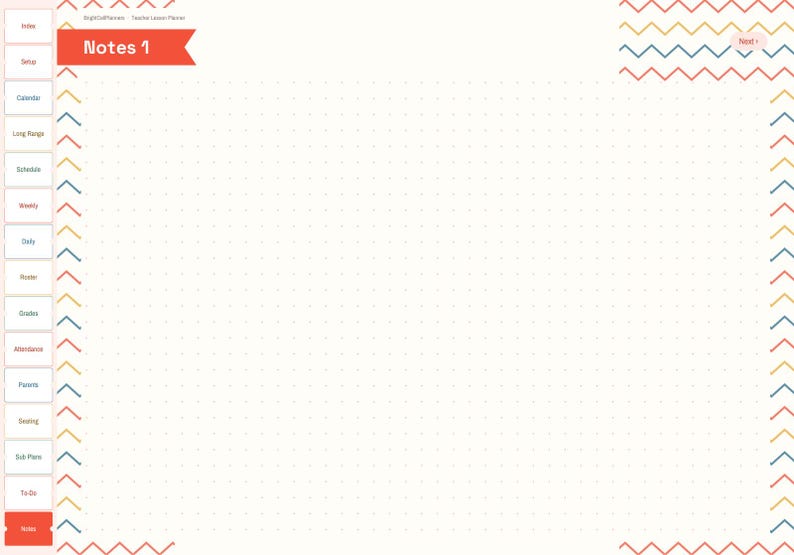May include: A digital planner page titled Notes 1 with a dot grid background. The left sidebar features navigation tabs labeled Index, Setup, Calendar, Long Range, Schedule, Weekly, Daily, Roster, Grades, Attendance, Parents, Seating, Sub Plans, To-Do, and Notes.