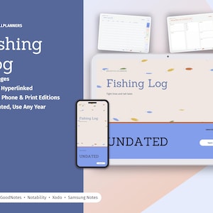 K&ouml;nnte beinhalten: Ein digitales Angel-Logbuch auf einem Tablet- und Smartphone-Bildschirm. Die Benutzeroberfl&auml;che zeigt den Text Fishing Log, Tight lines and tall tales und Undated. Enth&auml;lt 17 Seiten, Hyperlinks und Kompatibilit&auml;t mit GoodNotes, Notability, Xodo und Samsung Notes.