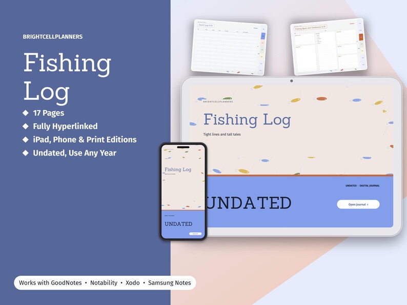 K&ouml;nnte beinhalten: Ein digitales Angel-Logbuch auf einem Tablet- und Smartphone-Bildschirm. Die Benutzeroberfl&auml;che zeigt den Text Fishing Log, Tight lines and tall tales und Undated. Enth&auml;lt 17 Seiten, Hyperlinks und Kompatibilit&auml;t mit GoodNotes, Notability, Xodo und Samsung Notes.
