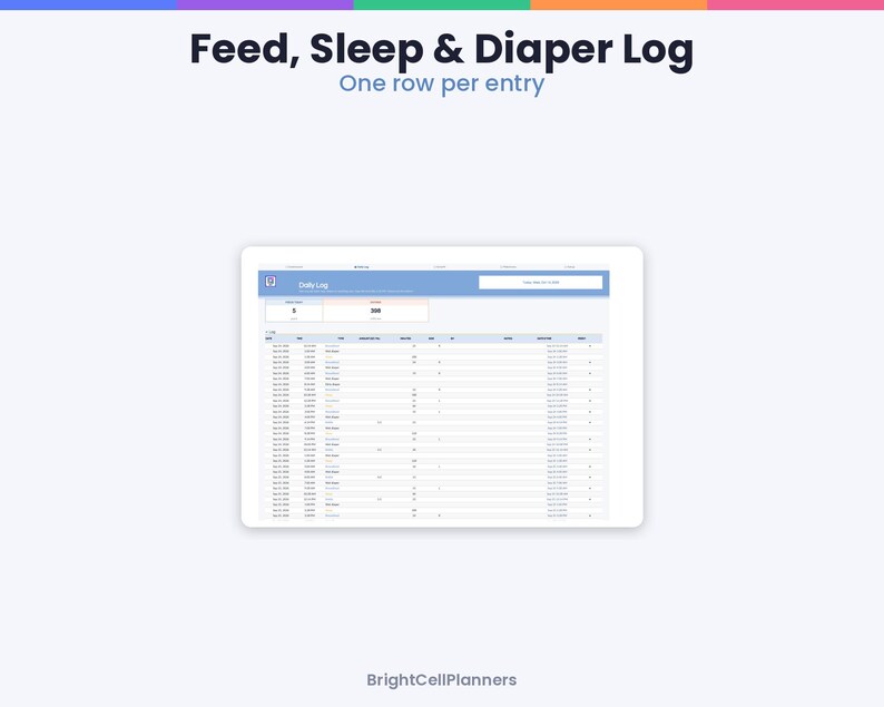 May include: A digital tablet displaying a Feed, Sleep & Diaper Log with a table structure for tracking daily activities. The interface features a blue header, summary boxes for data, and columns for date, time, activity, and notes. BrightCellPlanners.