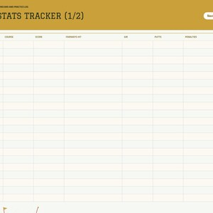Puede incluir: Una p&aacute;gina digital de seguimiento de estad&iacute;sticas de golf con un encabezado amarillo mostaza etiquetado como ROUND STATS TRACKER (1/2). La cuadr&iacute;cula incluye columnas para fecha, campo, puntuaci&oacute;n, fairways, GIR, putts y penalizaciones.