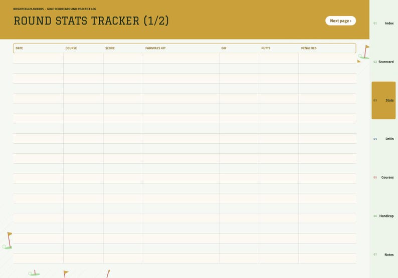 Puede incluir: Una p&aacute;gina digital de seguimiento de estad&iacute;sticas de golf con un encabezado amarillo mostaza etiquetado como ROUND STATS TRACKER (1/2). La cuadr&iacute;cula incluye columnas para fecha, campo, puntuaci&oacute;n, fairways, GIR, putts y penalizaciones.