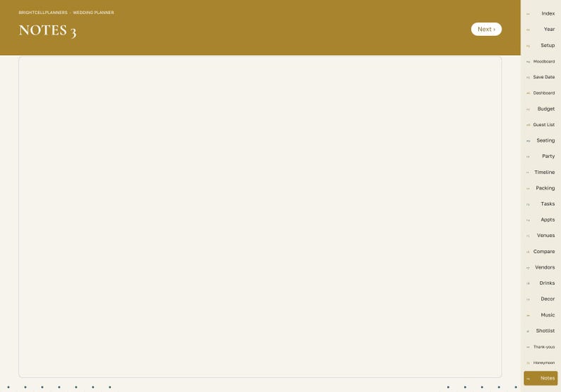 May include: A digital wedding planner interface with a gold header labeled NOTES 3 and BRIGHTCELL PLANNERS. The layout features a large cream-colored central workspace and a right-hand navigation sidebar with categories like Index, Year, Setup, Budget, and Guest List.