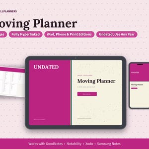 May include: A digital moving planner displayed on a tablet and smartphone, featuring 26 pages, hyperlinks, and undated layouts. The interface includes magenta and cream sections with text reading Moving Planner, Undated, and Brightcellplanners.