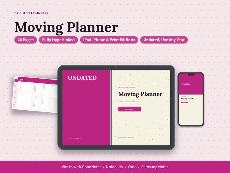 May include: A digital moving planner displayed on a tablet and smartphone, featuring 26 pages, hyperlinks, and undated layouts. The interface includes magenta and cream sections with text reading Moving Planner, Undated, and Brightcellplanners.