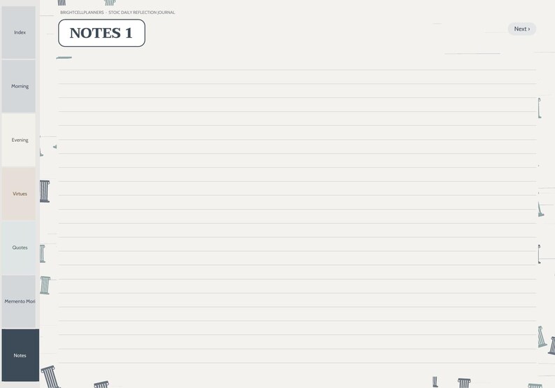 May include: A digital planner page titled NOTES 1 with a light gray background and horizontal lines. The left sidebar features navigation tabs labeled Index, Morning, Evening, Virtues, Quotes, Memento Mori, and Notes with small column icons.