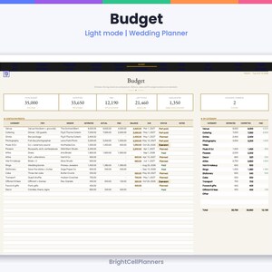May include: A digital wedding planner budget spreadsheet in light mode. The interface displays financial data including estimated, actual, paid, and balance columns for various wedding categories like venue, catering, and photography.