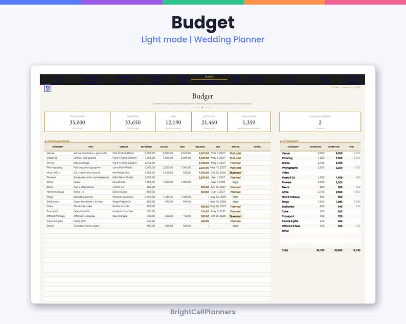 May include: A digital wedding planner budget spreadsheet in light mode. The interface displays financial data including estimated, actual, paid, and balance columns for various wedding categories like venue, catering, and photography.