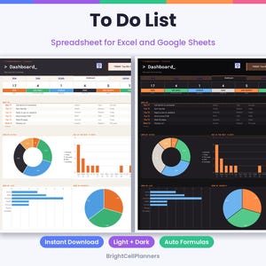 May include: A digital to-do list spreadsheet for Excel and Google Sheets featuring light and dark mode dashboard views. The interface displays task summaries, status charts, pie graphs, and bar charts for tracking daily tasks and project priorities.