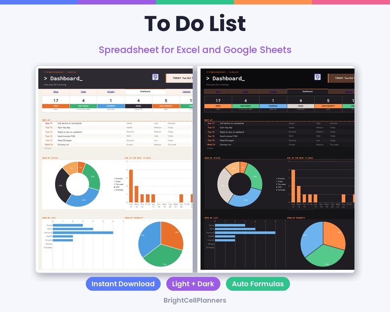 May include: A digital to-do list spreadsheet for Excel and Google Sheets featuring light and dark mode dashboard views. The interface displays task summaries, status charts, pie graphs, and bar charts for tracking daily tasks and project priorities.