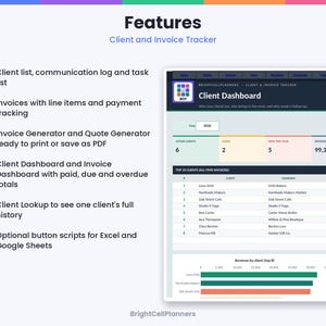 May include: A digital client and invoice tracker spreadsheet interface featuring a client dashboard, invoice generator, and payment tracking. The layout includes lists for active clients, revenue charts, and task logs with the text BrightCellPlanners.