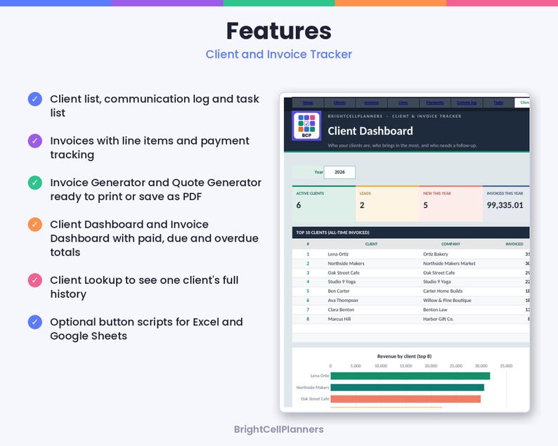 May include: A digital client and invoice tracker spreadsheet interface featuring a client dashboard, invoice generator, and payment tracking. The layout includes lists for active clients, revenue charts, and task logs with the text BrightCellPlanners.