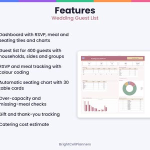 May include: A digital wedding guest list planner dashboard featuring text titled Features Wedding Guest List. It includes bullet points for RSVP, meal, and seating tracking, plus a visual interface showing charts, tables, and data for 400 guests.