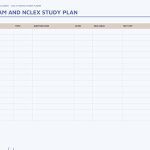 May include: A digital planner page titled Exam and NCLEX Study Plan for 2026-27. The layout features a table with columns for week, topic, questions done, score, weak areas, and next step, with a sidebar containing monthly navigation tabs.