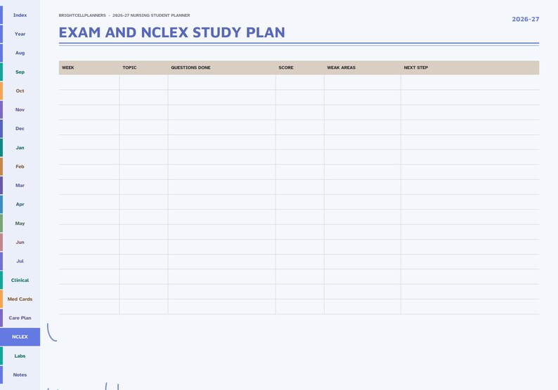 May include: A digital planner page titled Exam and NCLEX Study Plan for 2026-27. The layout features a table with columns for week, topic, questions done, score, weak areas, and next step, with a sidebar containing monthly navigation tabs.