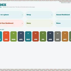 May include: A digital medical expense tracker index page titled INDEX with navigation tabs for Year at a glance, Setup, Annual Dashboard, Multi-Year Dashboard, Entry, and Notes. Includes a monthly calendar grid for 2027 with colored tiles.