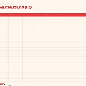 May include: A digital daily sales log planner page with a cream background and red headers. The table includes columns for date, location, cash, card, tips, items sold, and weather. A sidebar lists months and categories with small food truck icons.