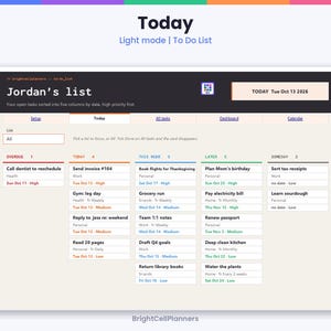May include: A digital to-do list interface titled Jordan's list with a dark header and light background. It features five columns labeled Overdue, Today, This Week, Later, and Someday, organizing tasks by date and priority with text including Today Tue Oct 13 2026.