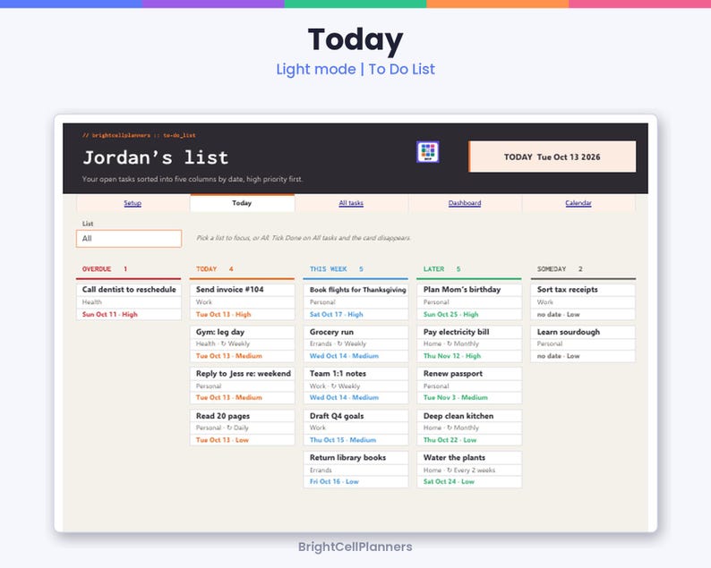 May include: A digital to-do list interface titled Jordan's list with a dark header and light background. It features five columns labeled Overdue, Today, This Week, Later, and Someday, organizing tasks by date and priority with text including Today Tue Oct 13 2026.