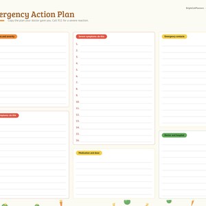 Puede incluir: Una p&aacute;gina de plan de acci&oacute;n de emergencia de un diario de alergias y sensibilidad alimentaria. El dise&ntilde;o incluye secciones para alergias y gravedad, s&iacute;ntomas graves, contactos de emergencia, s&iacute;ntomas leves y medicaci&oacute;n.