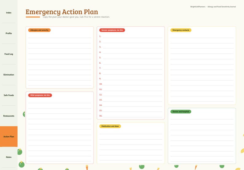 Puede incluir: Una p&aacute;gina de plan de acci&oacute;n de emergencia de un diario de alergias y sensibilidad alimentaria. El dise&ntilde;o incluye secciones para alergias y gravedad, s&iacute;ntomas graves, contactos de emergencia, s&iacute;ntomas leves y medicaci&oacute;n.