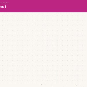 May include: A digital planner page titled Notes 1 with a magenta header and a light pink sidebar. The sidebar lists navigation tabs including Index, Setup, Dashboard, Budget, Inventory, Furniture, Checklist, Quotes, Shopping, Address, Moving Day, Disposal, and Notes. The main area features a white dot grid pattern.