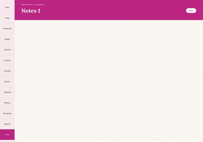 May include: A digital planner page titled Notes 1 with a magenta header and a light pink sidebar. The sidebar lists navigation tabs including Index, Setup, Dashboard, Budget, Inventory, Furniture, Checklist, Quotes, Shopping, Address, Moving Day, Disposal, and Notes. The main area features a white dot grid pattern.