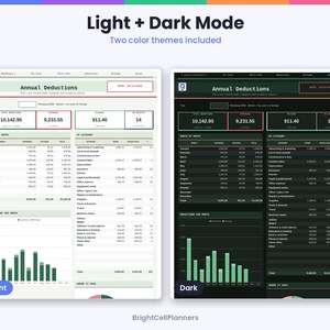 May include: A digital spreadsheet template titled Annual Deductions featuring two color themes, Light and Dark Mode. The layout includes data tables for monthly expenses, categories, and a bar chart visualization for deductions per month.
