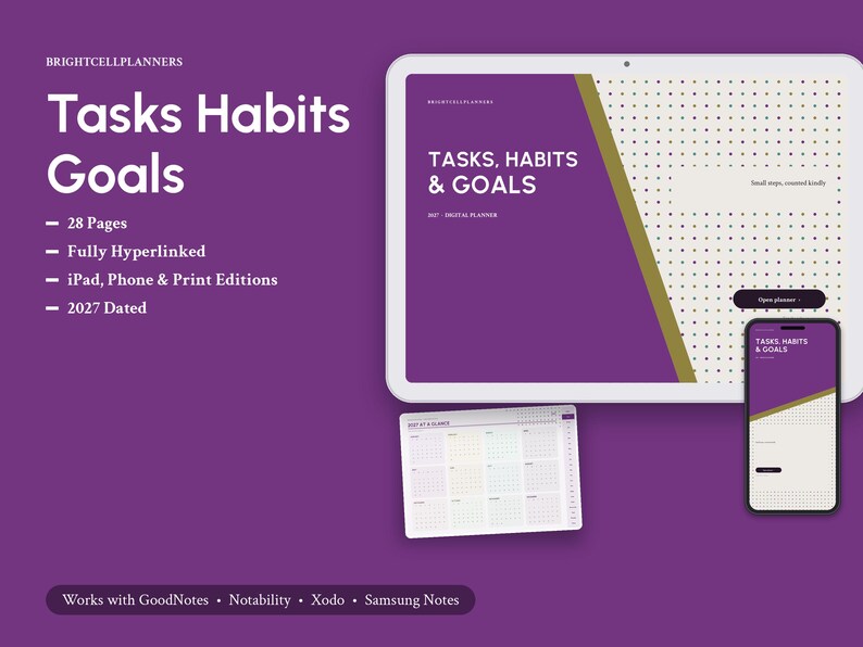 2027 Digital Tasks, Habits & Goals, Tablet Tasks, Habits and Goals PDF, Hyperlinked Planner, Habit Tracker, Goal Planner imagen 1