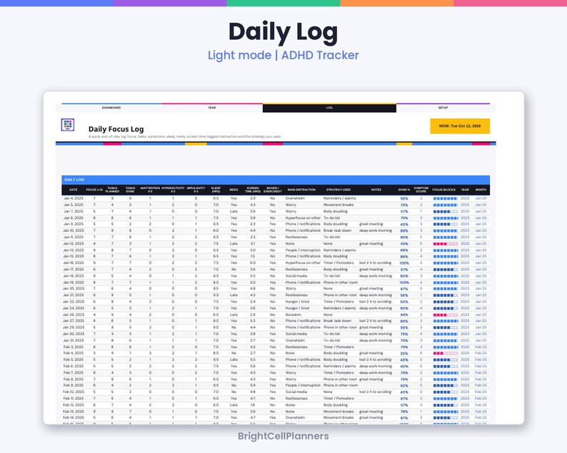 Puede incluir: Una hoja de c&aacute;lculo digital de seguimiento de TDAH Daily Log en modo claro. La interfaz presenta una tabla Daily Focus Log con columnas para fecha, tareas, sue&ntilde;o, estado de &aacute;nimo, energ&iacute;a, distracciones, estrategia y notas.
