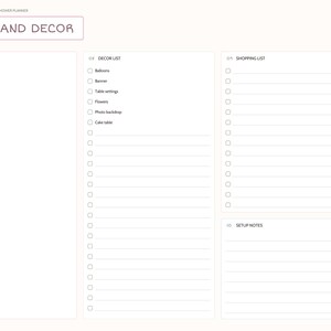 May include: A digital baby shower planner page titled Theme and Decor. It features sections for Inspiration, a Decor List with checkboxes, a Shopping List, and Setup Notes. A vertical tab menu on the right side lists Index, Details, Guests, Theme, Games, Menu, Gifts, Timeline, and Notes.