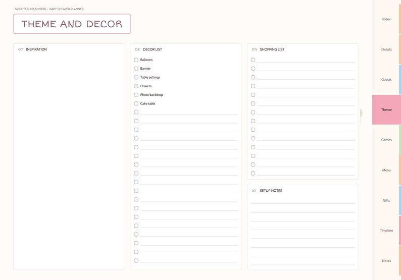 May include: A digital baby shower planner page titled Theme and Decor. It features sections for Inspiration, a Decor List with checkboxes, a Shopping List, and Setup Notes. A vertical tab menu on the right side lists Index, Details, Guests, Theme, Games, Menu, Gifts, Timeline, and Notes.