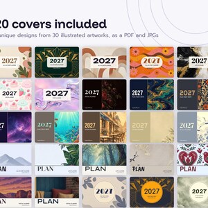 May include: A digital collection of 120 planner covers featuring 30 unique illustrated designs. Each cover displays the year 2027 or the word PLAN, with various artistic patterns including floral, abstract, landscape, and geometric motifs.