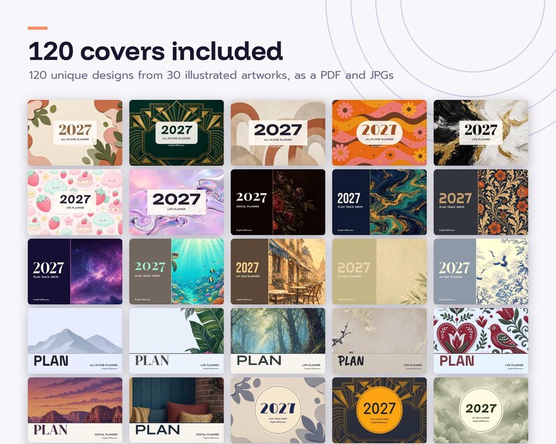 May include: A digital collection of 120 planner covers featuring 30 unique illustrated designs. Each cover displays the year 2027 or the word PLAN, with various artistic patterns including floral, abstract, landscape, and geometric motifs.