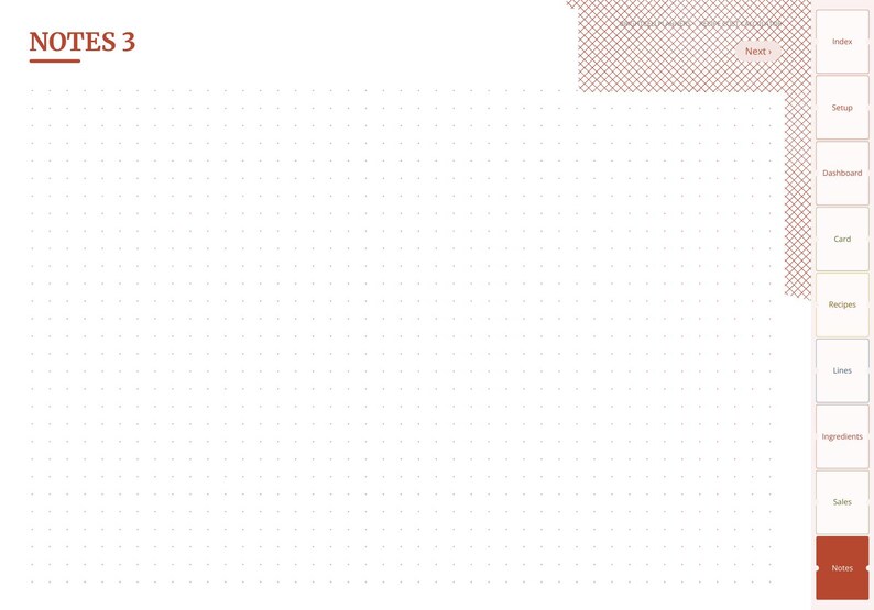 May include: A digital planner page titled NOTES 3 with a light dot grid background. The right side features a vertical navigation menu with tabs labeled Index, Setup, Dashboard, Cart, Recipes, Lines, Ingredients, Sales, and Notes in dark red.