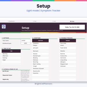 Puede incluir: Una pantalla de configuraci&oacute;n de rastreador de s&iacute;ntomas con un encabezado oscuro que muestra Setup, Light mode y Today Tue, Oct 13, 2026. La interfaz incluye secciones para ajustes, s&iacute;ntomas, posibles desencadenantes y t&eacute;rminos de uso.