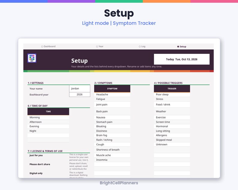 Puede incluir: Una pantalla de configuraci&oacute;n de rastreador de s&iacute;ntomas con un encabezado oscuro que muestra Setup, Light mode y Today Tue, Oct 13, 2026. La interfaz incluye secciones para ajustes, s&iacute;ntomas, posibles desencadenantes y t&eacute;rminos de uso.