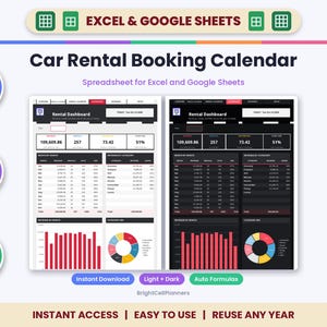 May include: A digital car rental booking calendar spreadsheet for Excel and Google Sheets. The interface displays a rental dashboard with data tables, bar charts, and pie charts in both light and dark modes. Text includes Car Rental Booking Calendar, Auto Formulas, Fully Editable, Mac, PC & Mobile, and BrightCellPlanners.