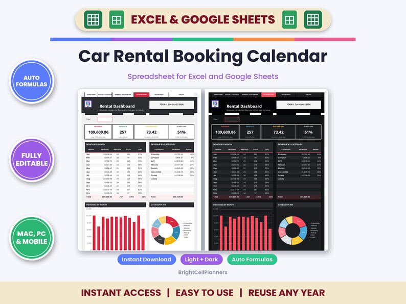 May include: A digital car rental booking calendar spreadsheet for Excel and Google Sheets. The interface displays a rental dashboard with data tables, bar charts, and pie charts in both light and dark modes. Text includes Car Rental Booking Calendar, Auto Formulas, Fully Editable, Mac, PC & Mobile, and BrightCellPlanners.