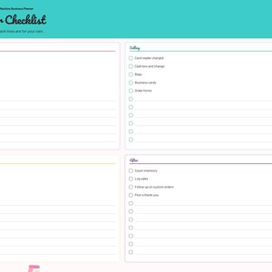 May include: A digital planner page titled Craft Fair Checklist with a teal header. It features four sections: Display, Selling, Comfort, and After, each with checkboxes and lined spaces. A vertical tab menu on the right highlights the Craft Fair section.