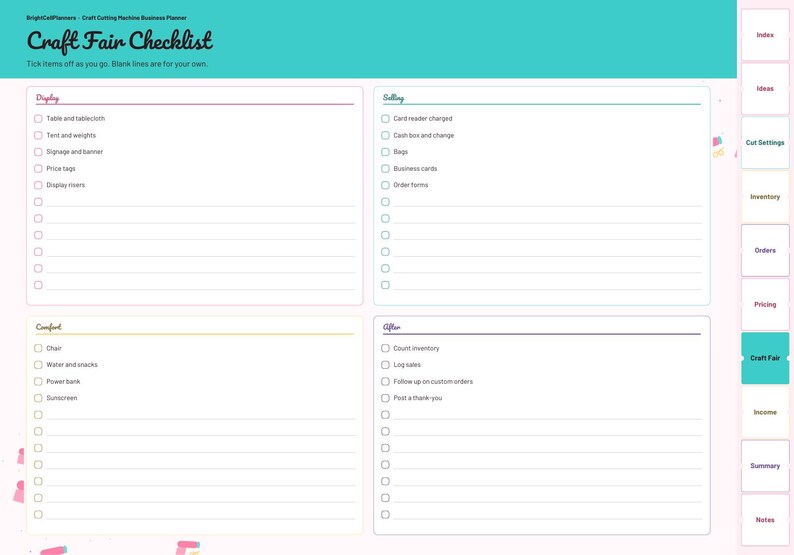 May include: A digital planner page titled Craft Fair Checklist with a teal header. It features four sections: Display, Selling, Comfort, and After, each with checkboxes and lined spaces. A vertical tab menu on the right highlights the Craft Fair section.