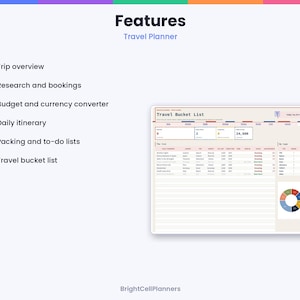 May include: A digital travel planner interface featuring a Travel Bucket List dashboard with columns for location, country, status, and budget. The layout includes a colorful pie chart, summary boxes, and a list of features: Trip overview, Research and bookings, Budget and currency converter, Daily itinerary, Packing and to-do lists, and Travel bucket list.