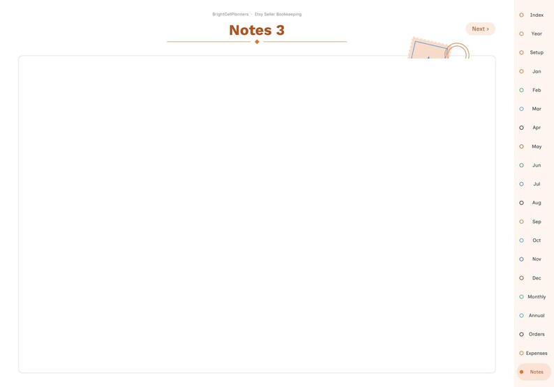 May include: A digital planner page titled Notes 3 with a large blank white rectangular area for writing. The right side features a vertical navigation menu with labels including Index, Year, Setup, months from Jan to Dec, Monthly, Annual, Orders, Expenses, and Notes.