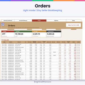 K&ouml;nnte beinhalten: Eine digitale Buchhaltungstabelle f&uuml;r Etsy-Verk&auml;ufer mit dem Titel Orders, die eine helle Benutzeroberfl&auml;che mit Registerkarten f&uuml;r Dashboards, Ausgaben und Einrichtung bietet. Sie zeigt zusammenfassende Kennzahlen f&uuml;r Bestellungen, Umsatz, Geb&uuml;hren und Gewinn sowie eine detaillierte Tabelle mit Verkaufsdaten, einschlie&szlig;lich Datum, Bestellnummern, Produktnamen, Mengen, Preisen und berechneten Gewinnspannen.