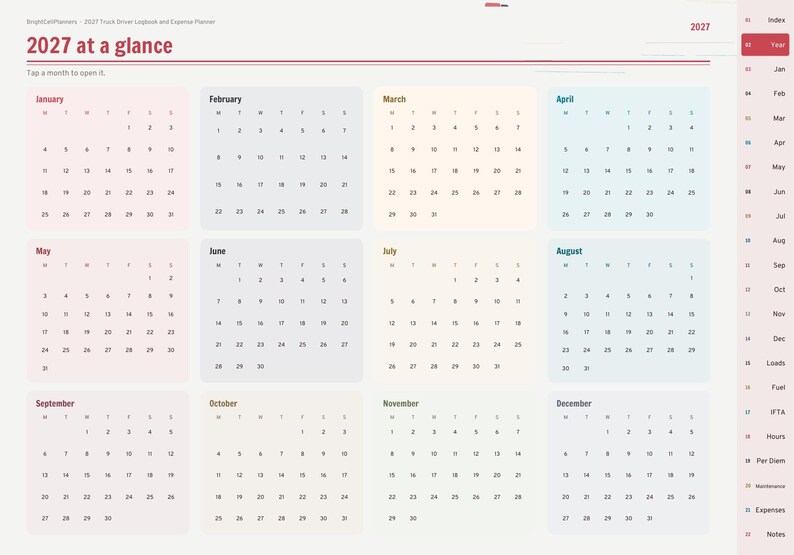 May include: A 2027 digital calendar planner titled 2027 at a glance, featuring twelve monthly grids with pastel-colored backgrounds. A vertical navigation sidebar on the right lists sections including Index, Year, Jan through Dec, Loads, Fuel, IFTA, Hours, Per Diem, Maintenance, Expenses, and Notes.