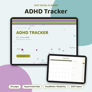 May include: A 2027 digital ADHD tracker planner displayed on two tablet screens. The interface features a white background with purple and green geometric shapes, horizontal stripes, and text reading 2027 DIGITAL PLANNER ADHD TRACKER.